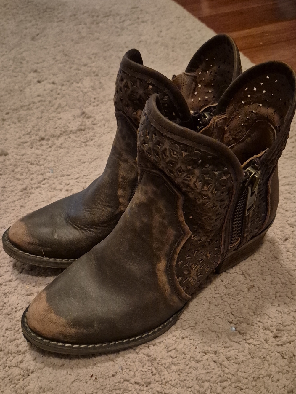 Circle G Distressed Brown Leather Laser-Cut Ankle Boots